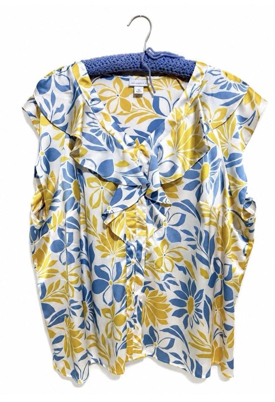 Liz Claiborne 2X Floral Ruffle Blouse Blue Yellow Short Sleeve Plus Size Top